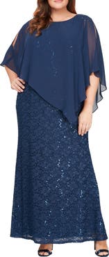 SL FASHIONS Sequin Floral Lace Dress with Capelet