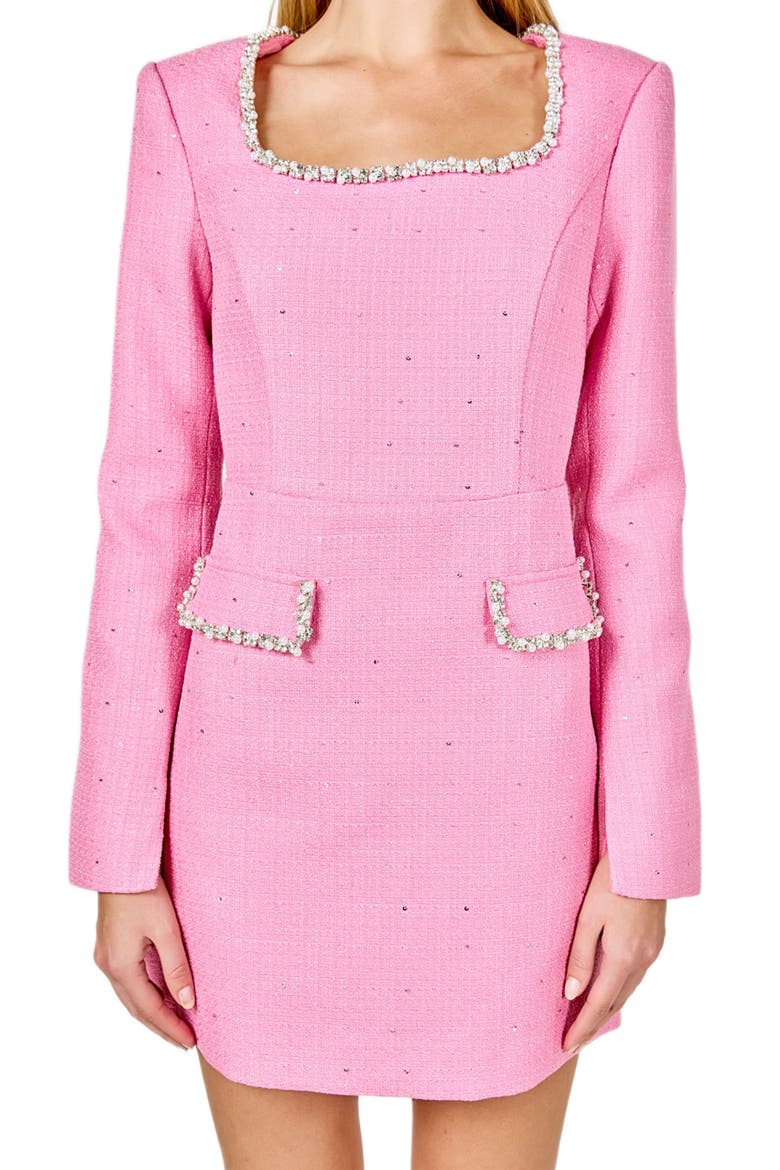Rhinestone Trim Long Sleeve Tweed Minidress, Alternate, color, PINK