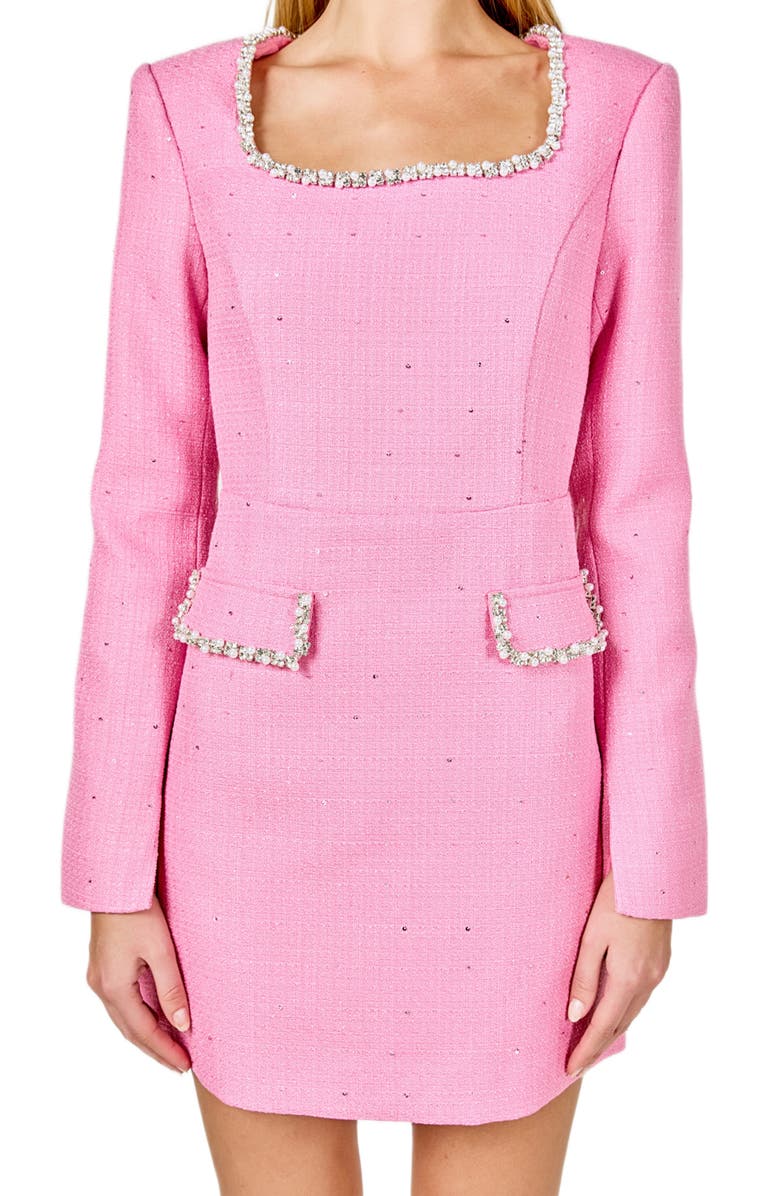 Endless Rose Rhinestone Trim Long Sleeve Tweed Minidress, Alternate, color, Pink