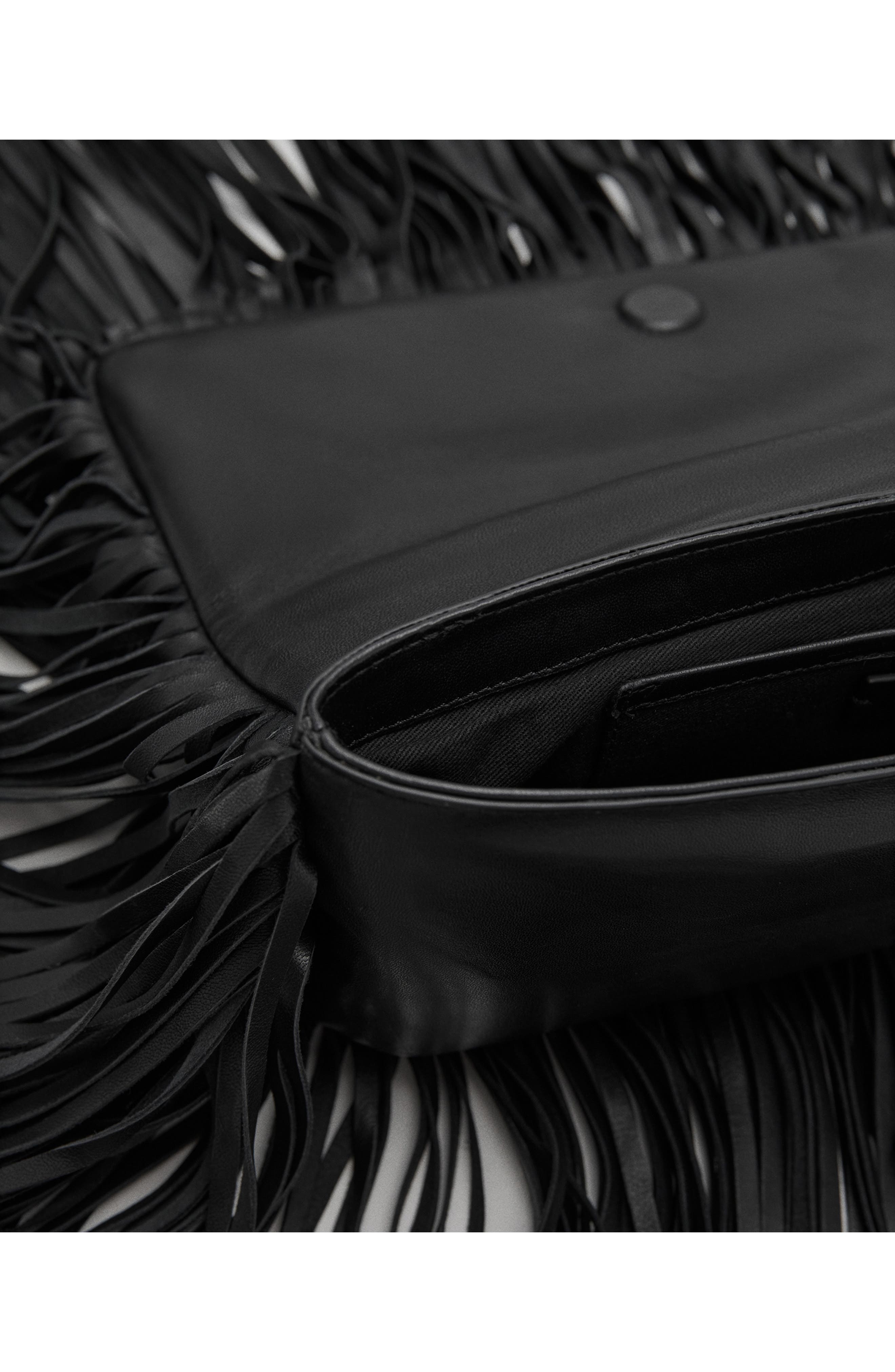 MANGO Fringe Leather Clutch, Alternate, color, Black