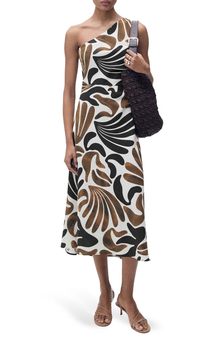 MANGO Nata One-Shoulder Midi Dress, Main, color, Brown