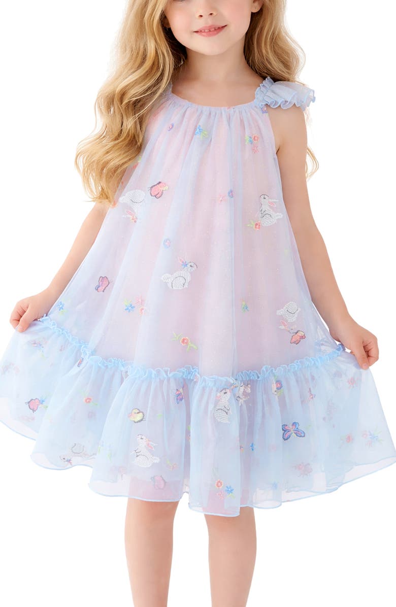 Zunie Kids' Embroidered Bunny Dress, Alternate, color, Blue Peach