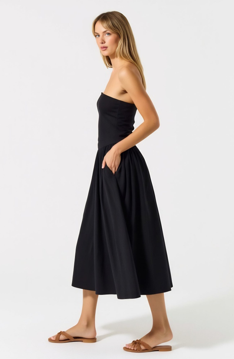Modenaire Strapless Smocked Bodice Midi Dress with Flowy Skirt and Pockets, Alternate, color, Black