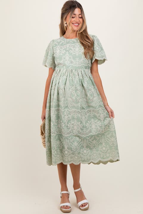 Olive Floral Embroidered Tied Waist Midi Dress