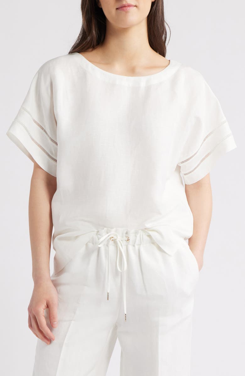 Anne Klein Ladder Stitch Inset Linen Blend Top, Main, color, 