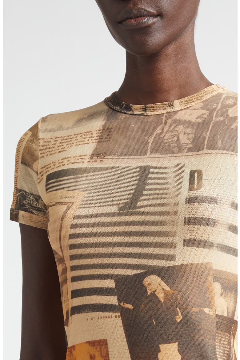 Newspaper Print Mesh Minidress, Alternate, color, ECRU/ LIGHT GREY/ RED