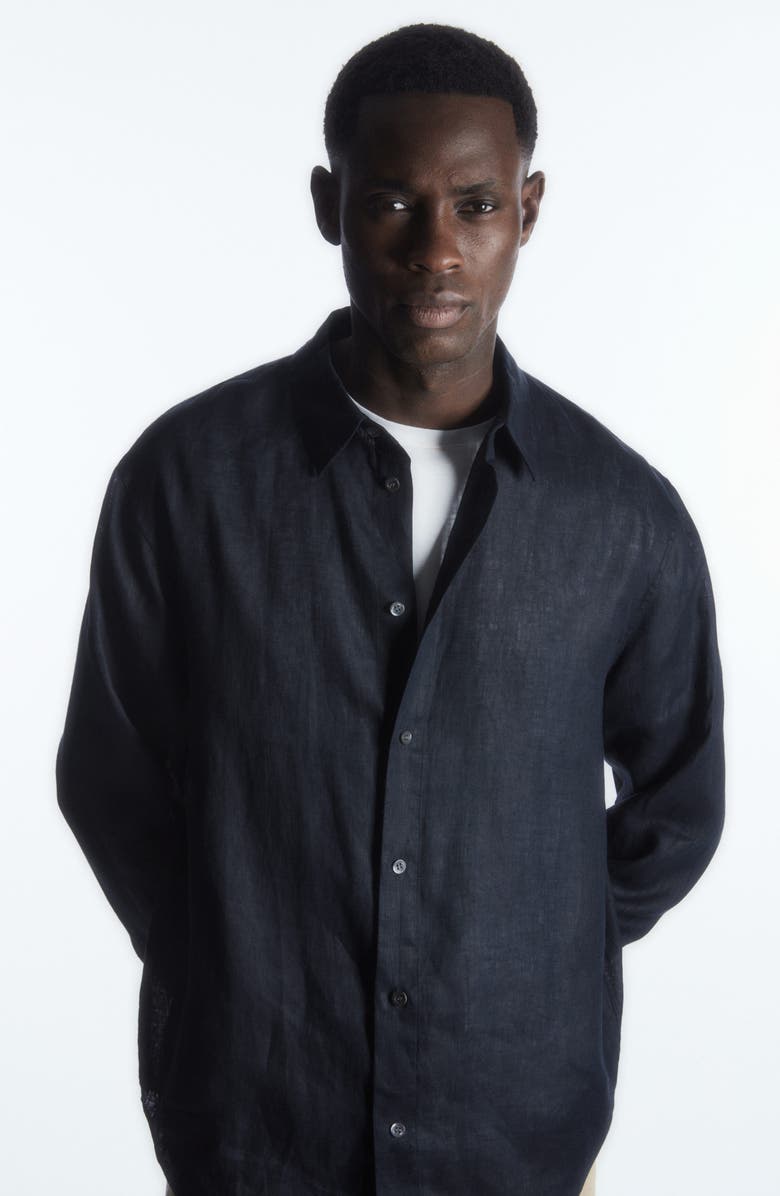 COS Curved Hem Linen Button-Up Shirt, Alternate, color, 