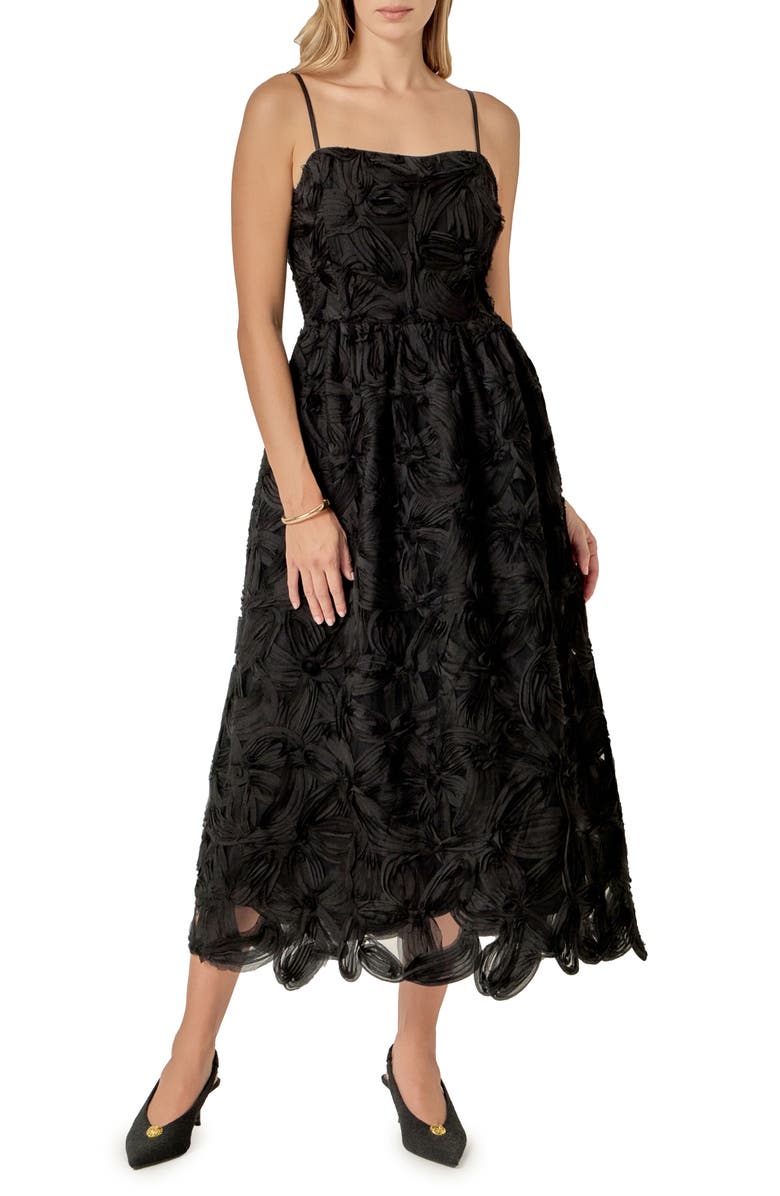 English Factory Floral Soutache Midi Dress, Main, color, Black