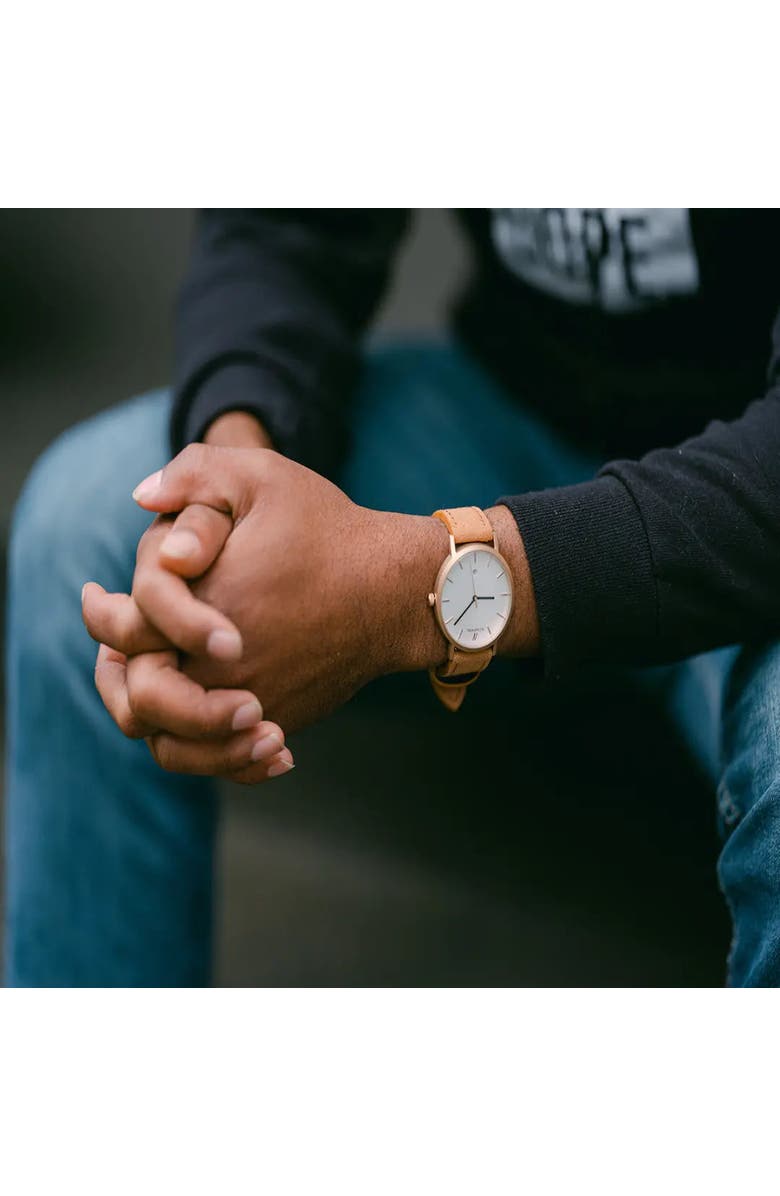 NCMPRBL Lucky Me Genuine Suede Leather Strap Watch, 40MM, Alternate, color, Tan/Eggshell White/Rose Gold