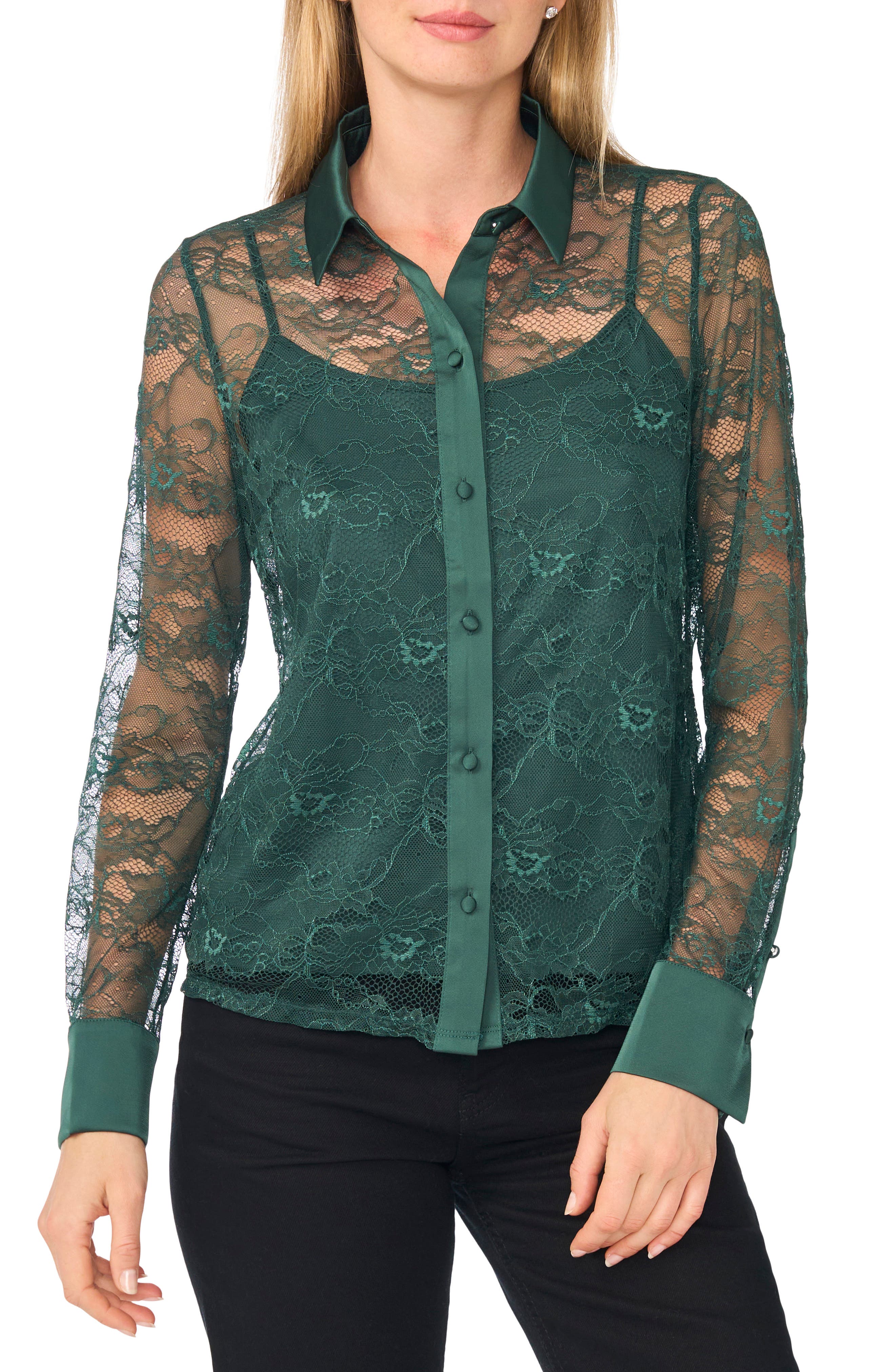 Lace Button Down Shirt with Satin Trim