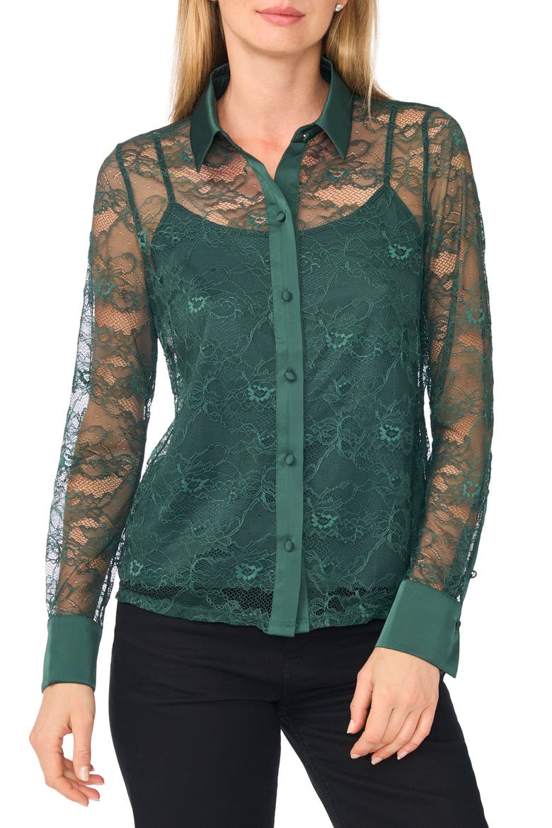 Lace Button Down Shirt with Satin Trim, Main, color, MIDNIGHT PINE