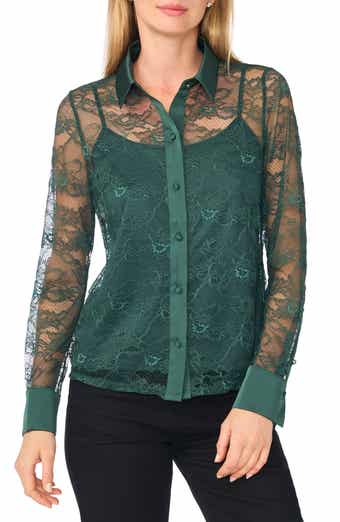 Lace Button Down Shirt with Satin Trim