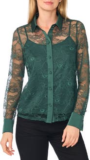CeCe Lace Button Down Shirt with Satin Trim