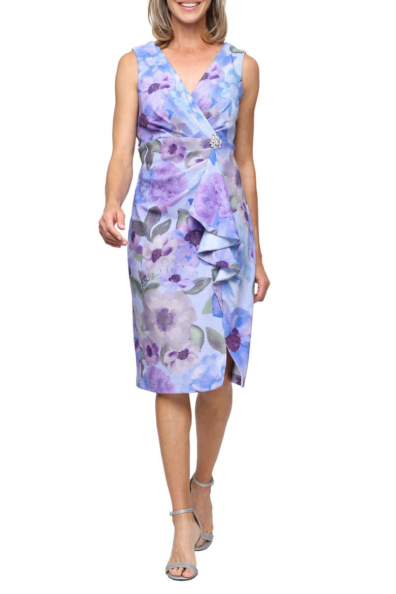 Metallic Floral Rhinestone Detail Sleeveless Cocktail Sheath Dress, Main, color, BLUE/ MULTI