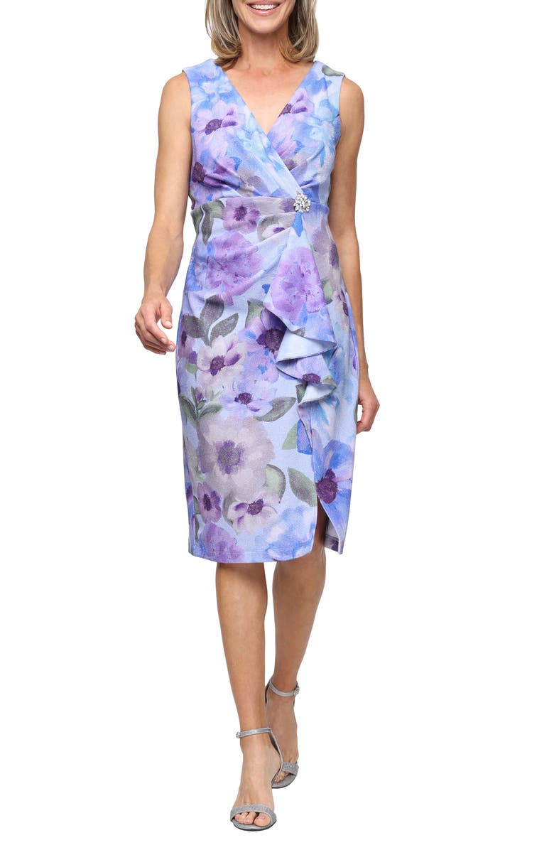 SL FASHIONS Metallic Floral Rhinestone Detail Sleeveless Cocktail Sheath Dress, Main, color, Blue/ Multi