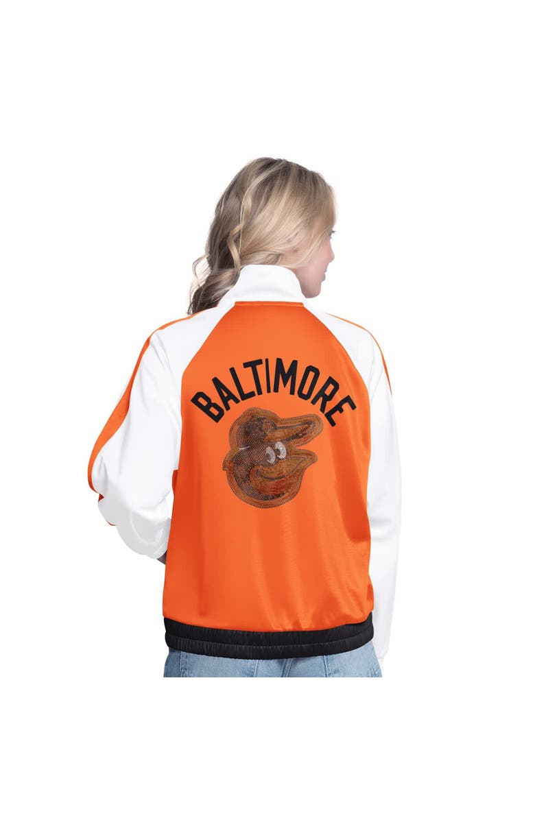 G-III SPORTS BY CARL BANKS Women's G-III Sports by Carl Banks  White/Orange Baltimore Orioles Rally Rhinestone Raglan Full-Zip Track Jacket, Alternate, color, White