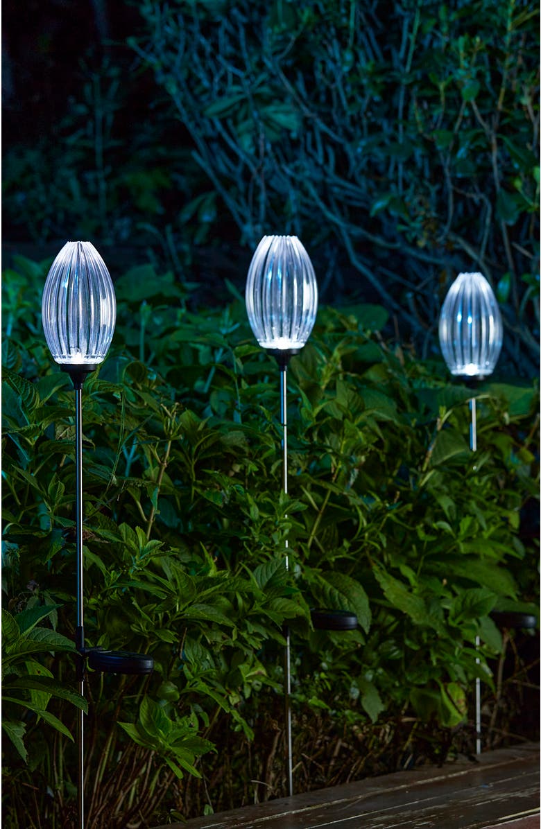 Glitzhome Set of 3 Solar Stake Oval Flower Light with Stainless Steel Pole, Alternate, color, Black