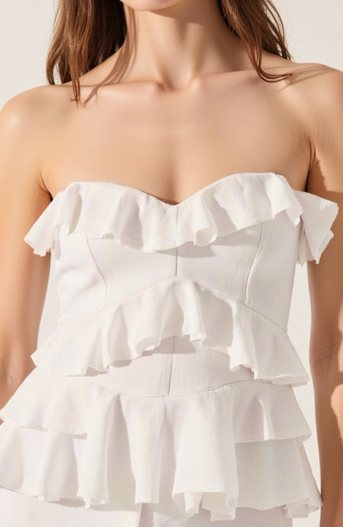 Modenaire Strapless Raw Edge Tiered Ruffle Maxi Dress In White