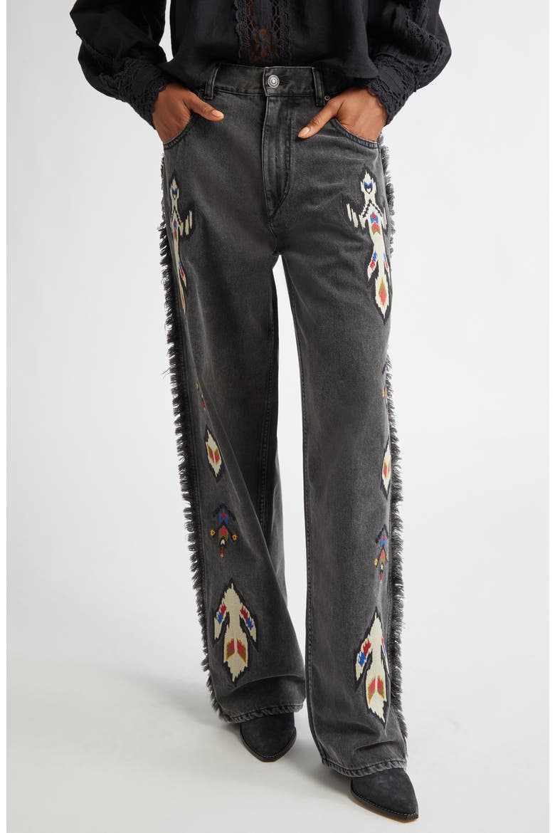 Maella Embroidered Fringe Detail Jeans, Main, color, DARK GREY