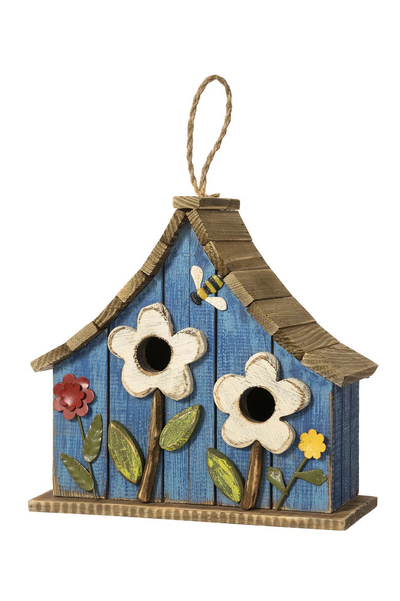 Distressed Solid Wood Birdhouse with 3D Flowers, Main, color, Blue