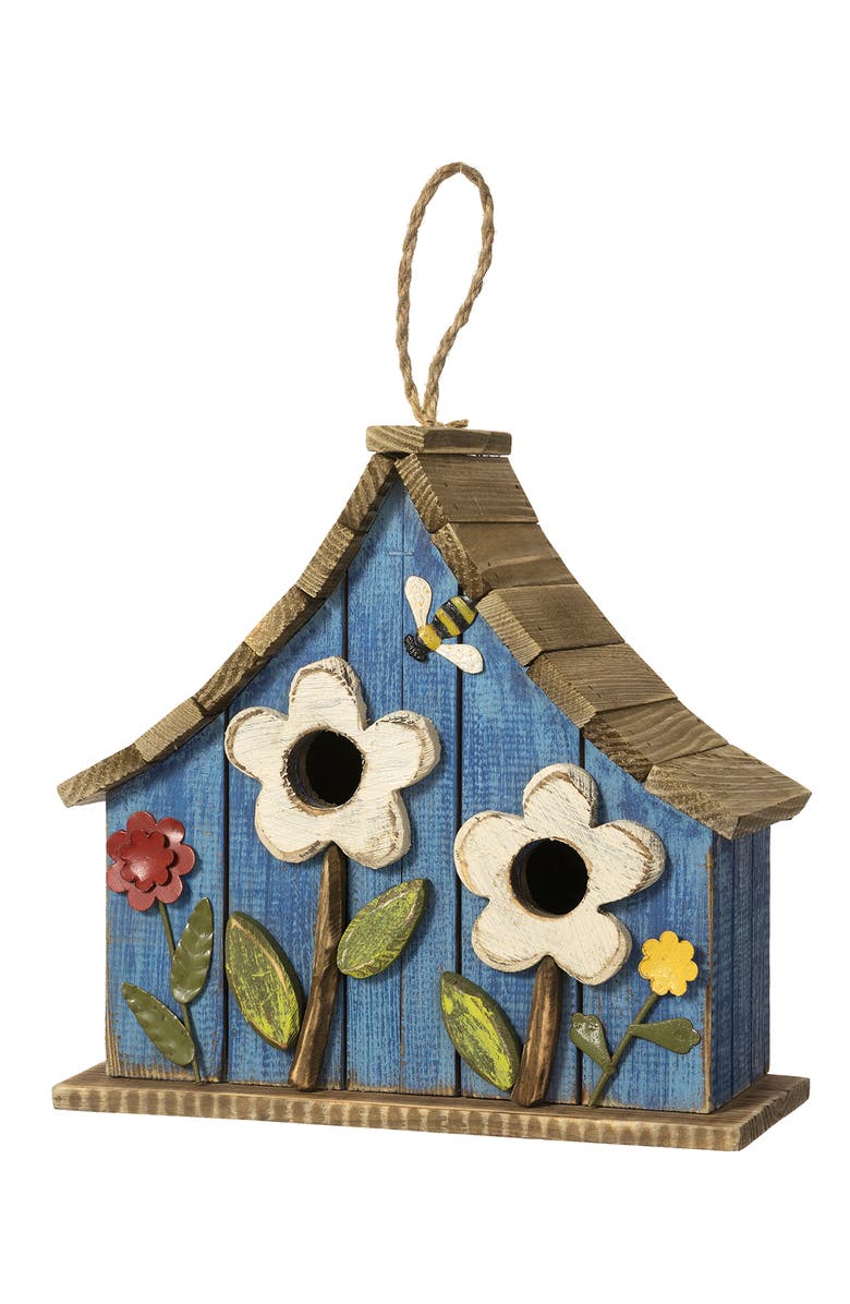 Glitzhome Distressed Solid Wood Birdhouse with 3D Flowers, Main, color, Blue