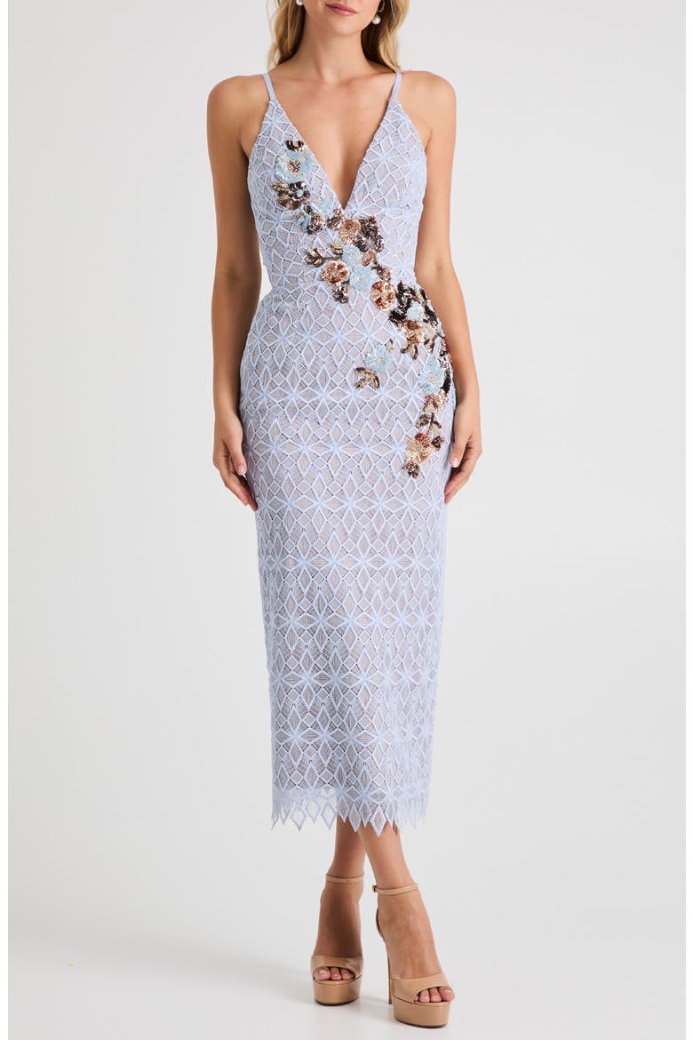 Martine Floral Appliqué Lace Midi Cocktail Dress, Main, color, SKY