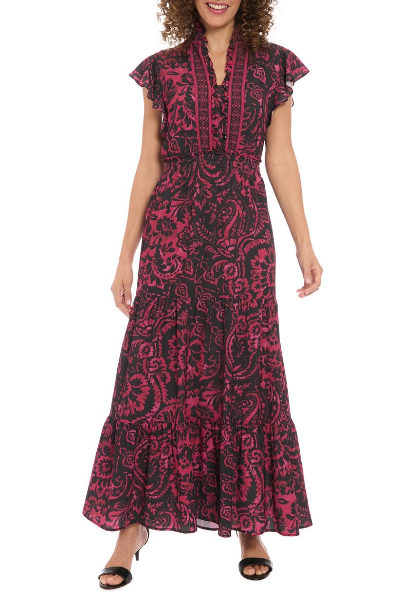 Ruffle Flutter Sleeve Tiered Maxi Dress, Main, color, BERRY/ BLACK