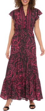 London Times Ruffle Flutter Sleeve Tiered Maxi Dress