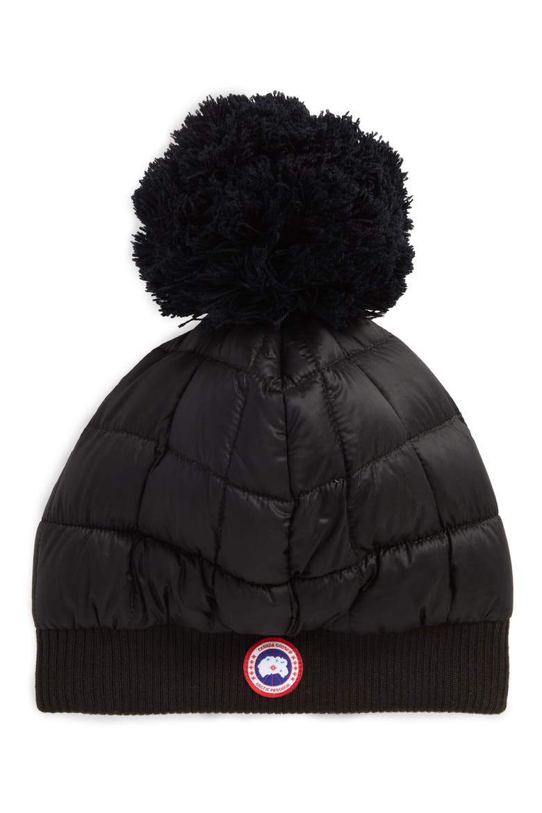 Quilted Down Pom Beanie, Main, color, BLACK