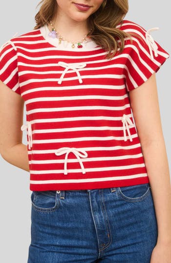 Blu Pepper Bow Stripe Knit Top In Red
