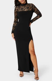 bebe Illusion Lace Long Sleeve Maxi Dress