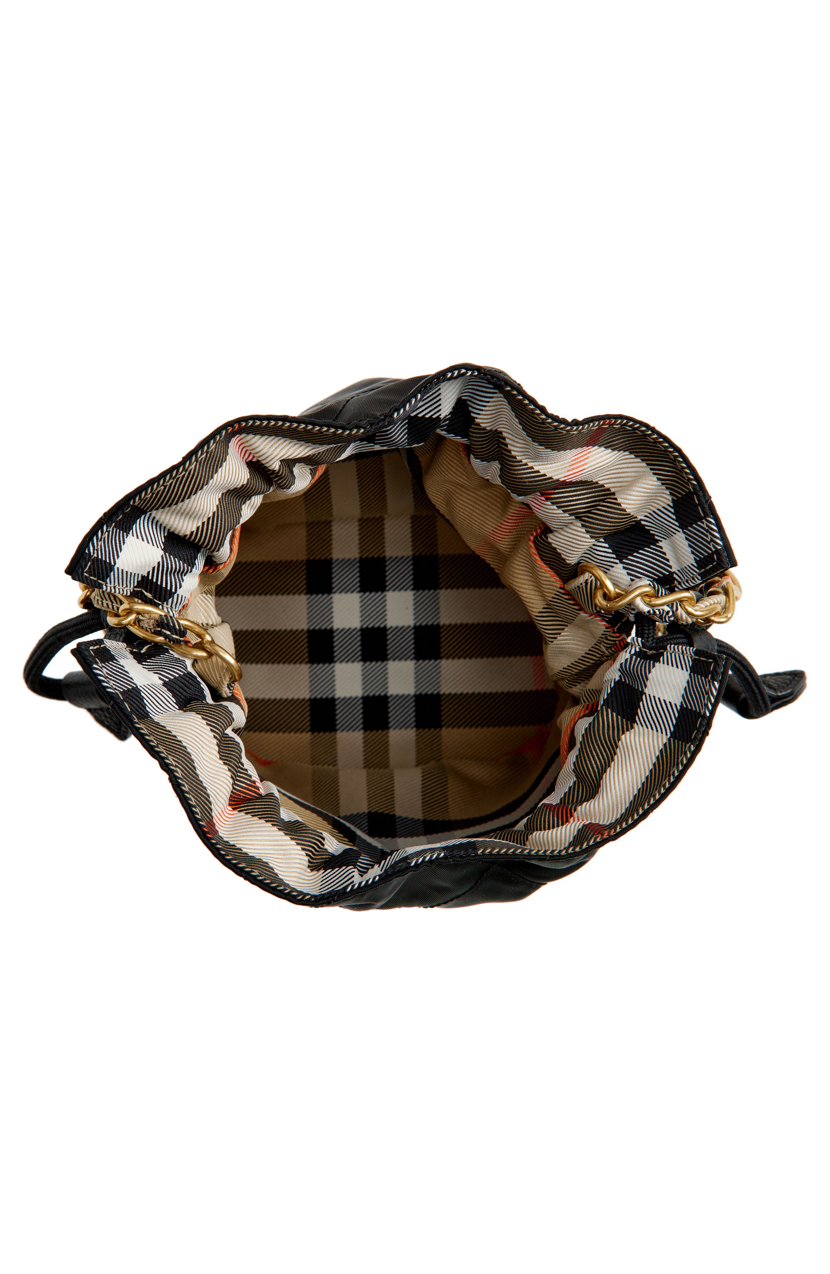 Burberry Horseshoe Quilted Nylon Bucket Bag, Alternate, color, Black