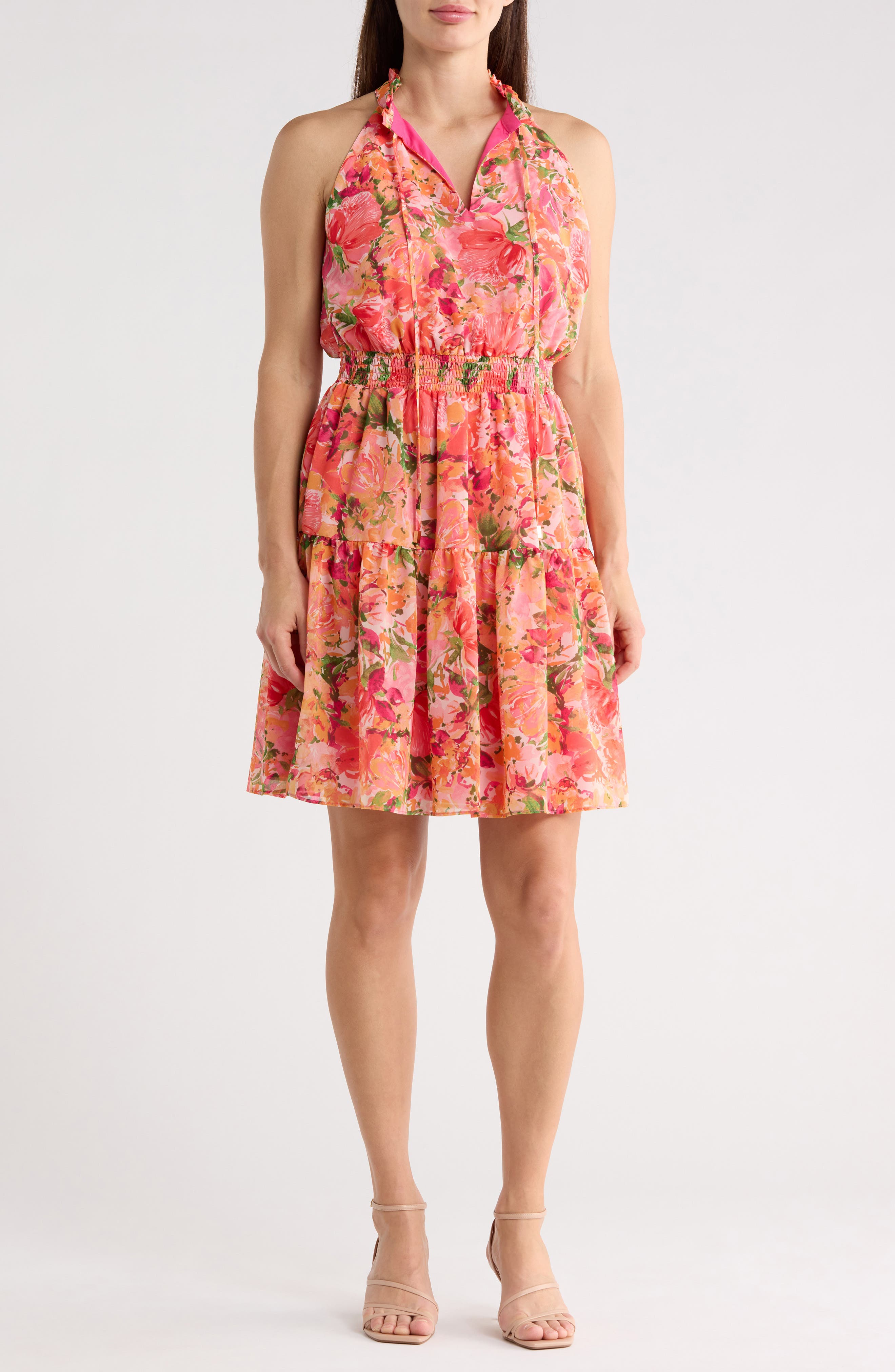 Vince Camuto Chiffon Ruffle Neck Halter Dress