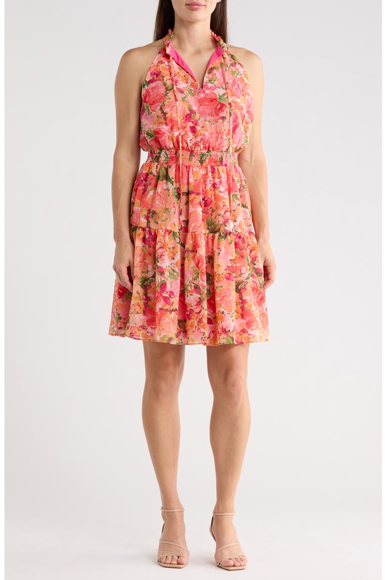 Chiffon Ruffle Neck Halter Dress, Main, color, PINK MULTI