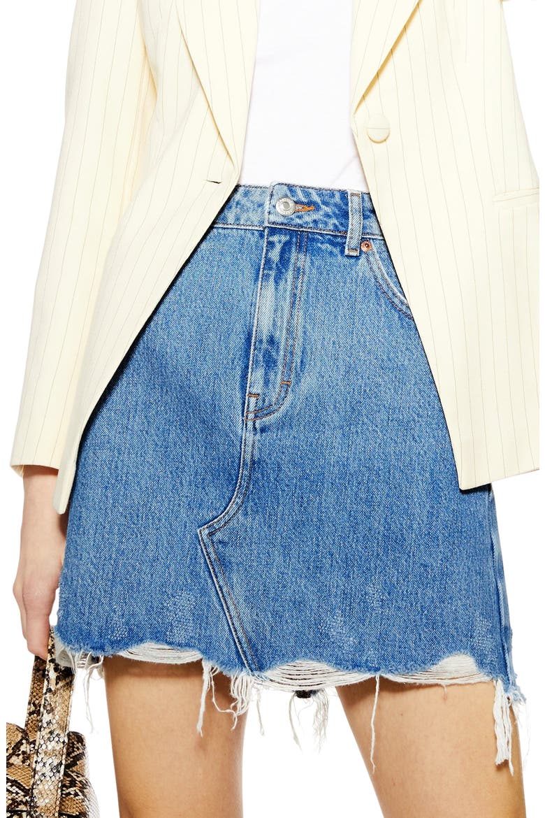 Ripped Denim Miniskirt, Alternate, color, MID DENIM