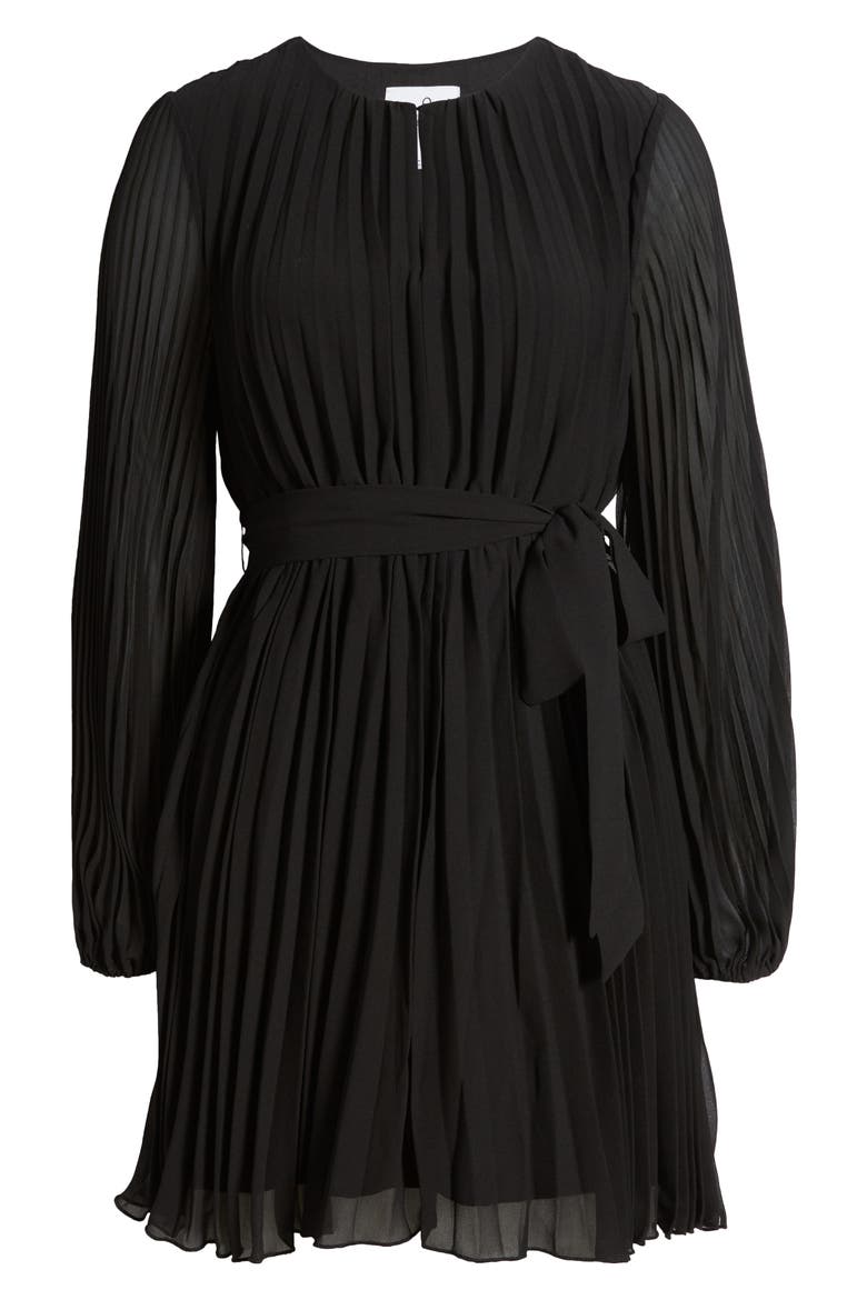 Tie Belt Long Sleeve Plissé Minidress, Alternate, color, BLACK