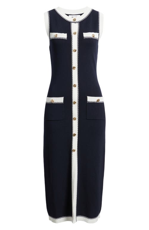Zoe And Claire Contrast Piping Sleeveless Button-up Sweater Dress In Blue