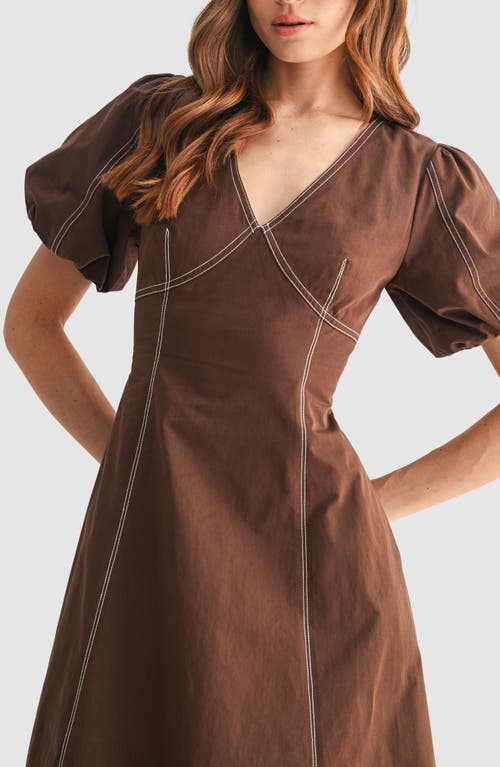 Mila Mae Contrast Stitch Puff Sleeve A-line Midi Dress In Brown