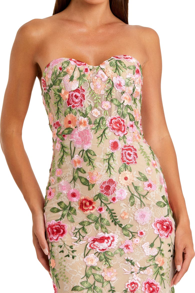 Floral Embroidered Strapless Bustier Gown, Alternate, color, Nude Multi