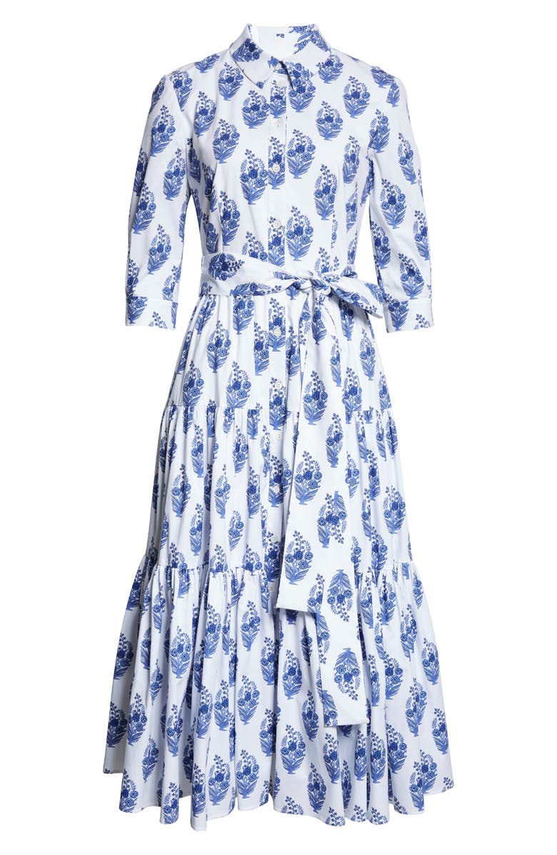 Carolina Herrera Floral Print Tiered Stretch Cotton Shirtdress, Alternate, color, White Multi