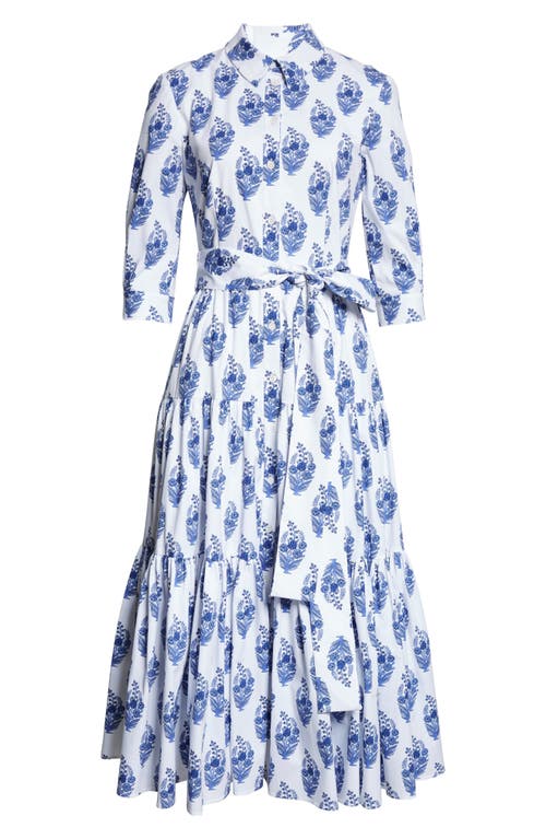 Shop Carolina Herrera Floral Print Tiered Stretch Cotton Shirtdress In White Multi