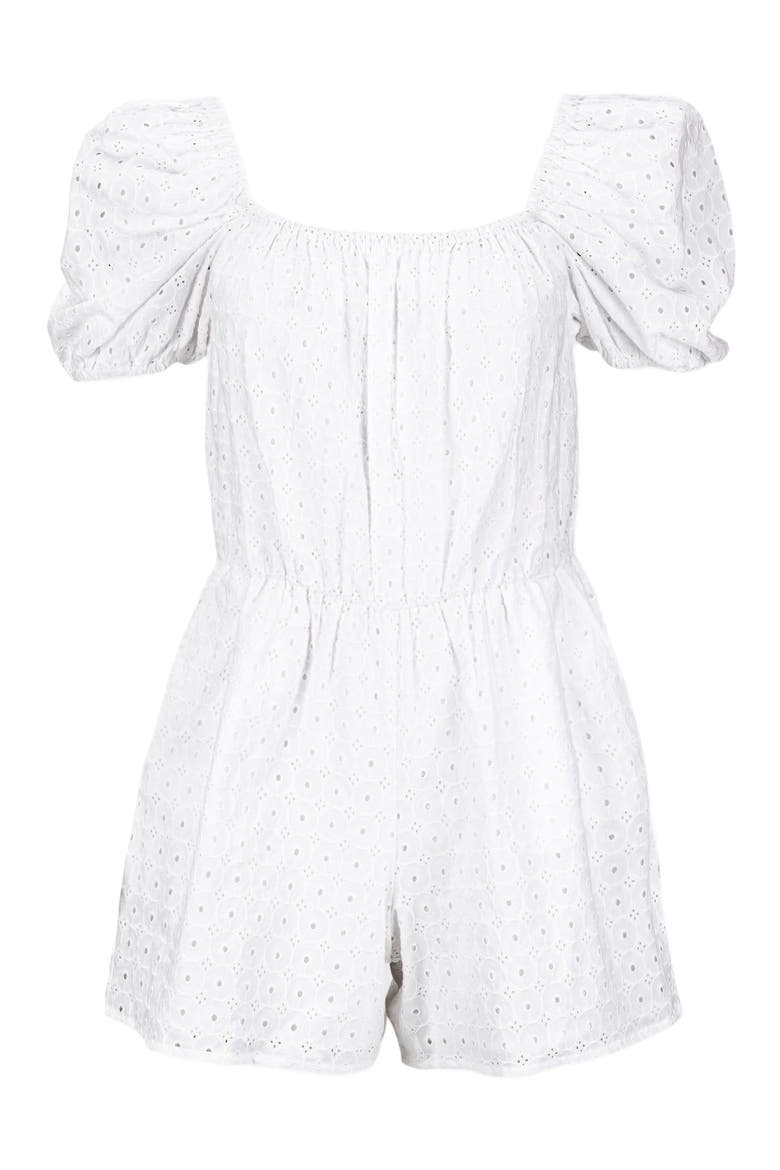 Women's Organic Puff Sleeve Eyelet Romper, Main, color, White Circle Grid Eyelet
