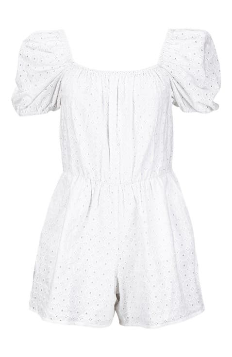 Women's Organic Puff Sleeve Eyelet Romper