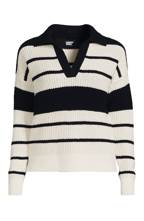 Lands' End Plus Size Cotton Boucle Johnny Collar Shaker Pullover In Ivory/black Stripe