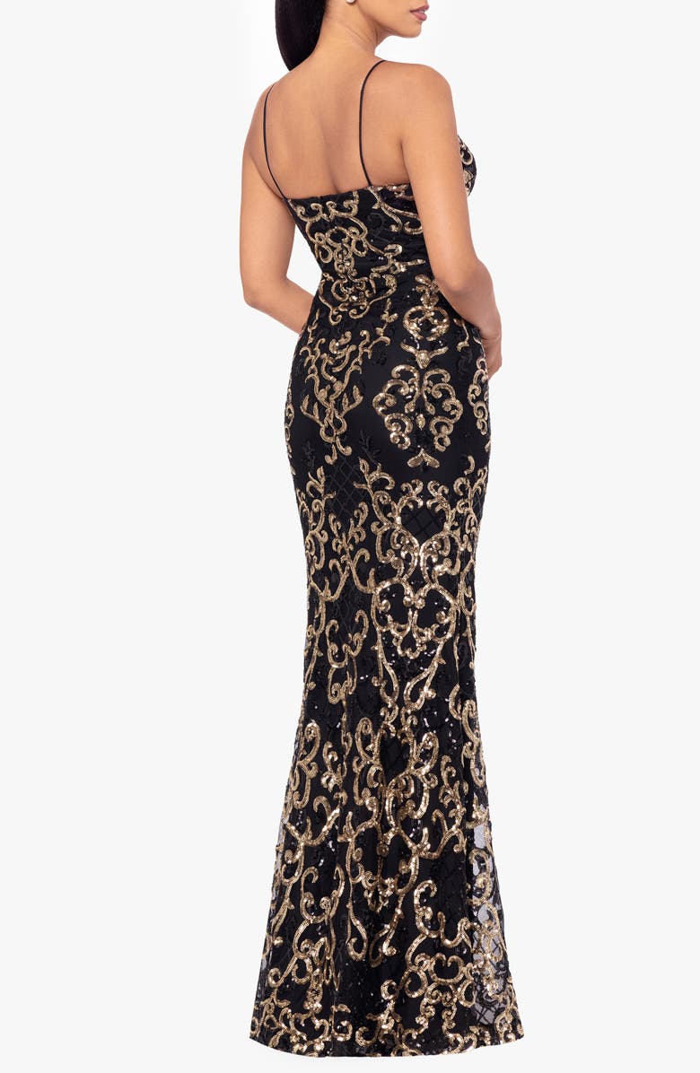 Betsy & Adam Sequin Mermaid Gown, Alternate, color, Black/ Gold