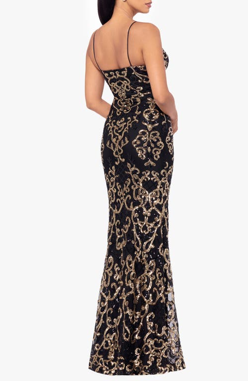 Betsy & Adam Sequin Mermaid Gown In Black/gold
