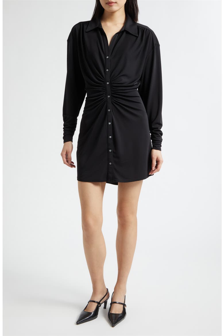 Arden Ruched Long Sleeve Shirtdress, Main, color, BLACK