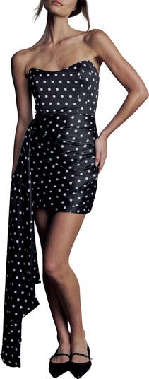 Chasing Dawn Polka Dot Side Drape Strapless Satin Minidress