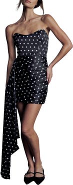 Katie May Chasing Dawn Polka Dot Side Drape Strapless Satin Minidress