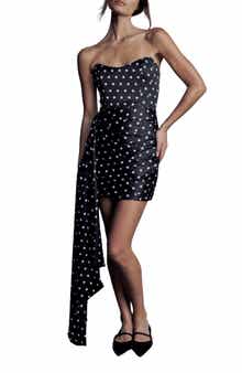 Katie May Chasing Dawn Polka Dot Side Drape Strapless Satin Minidress